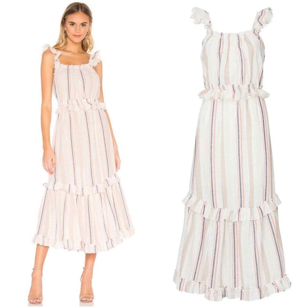 Misa Los Angeles Dress Idonia Cream Chambray Stripe Ruffle Midi Dress Size XS